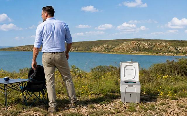 Leon testing a TROBOLO WandaGO composting toilet on a lakeshore